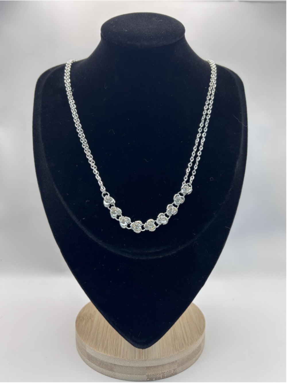 Necklace Silver Tone Double Chain Heart Rhinestone Station Pendant Lobster